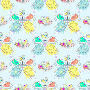Vector seamless pattern with insect Hand drawn outline decorative endless background with cute drawn butterfly, flowers Graphic illustration. Line drawing. Print for wrapping, background, decor