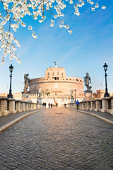 view of castle saint Angelo and brick bridge pavement at spring day, Rome, Italy