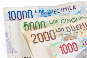 Banknotes from Italy. Italian lira 10000, 5000, 2000, 1000.