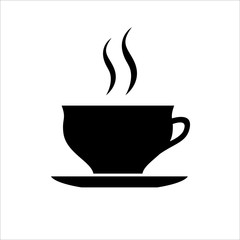 Cup of coffee or tea icon. Hot beverage mug on saucer and smoke. Vector Illustration