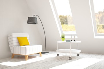 White room with armchair and green landscape in window. Scandinavian interior design. 3D illustration