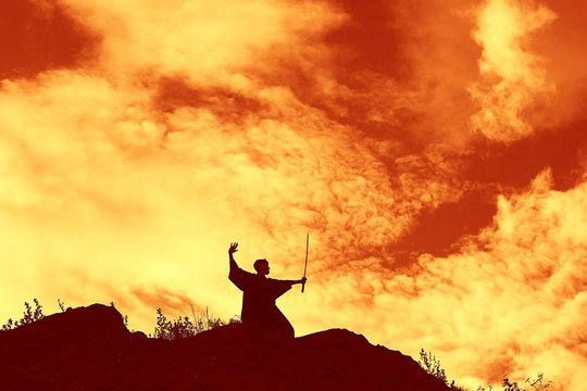 Warrior with sword panorama silhouette