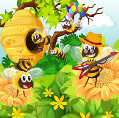 Bees flying around beehive in garden
