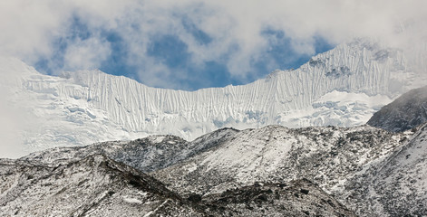 Glacier Chhukhung and ice wall in the array in district Mount Everest - Nepal, Himalayas