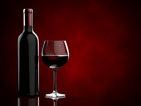 Bottles and glasses with red wine on a red background. 3d illustration.