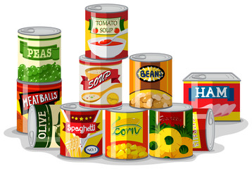 Different types of canned food - obrazy, fototapety, plakaty