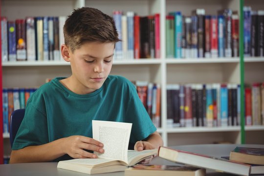 Attentive schoolboy reading book in library