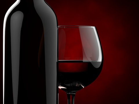 Bottles and glasses with red wine on a red background. 3d illustration.
