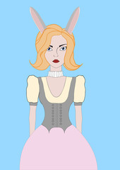 Portrait of a rabbit girl in a dress on a blue background