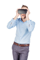 man with virtual glasses. surprised expression