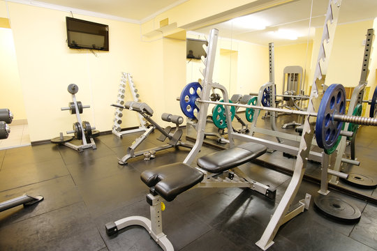 Fitness hall with weights and other sport equipment