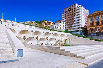 Front view of Cascade fountain stair stylized with wine bottles in Yerevan, Armenia