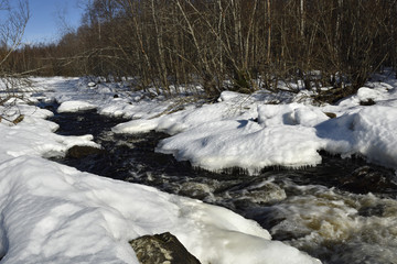 Little stream in the forest with ice and snow on both sides