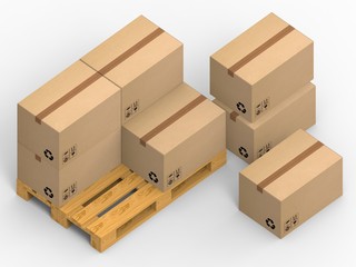 Fototapeta premium Wooden palette with cardboard boxes on white background. 3d illustration.