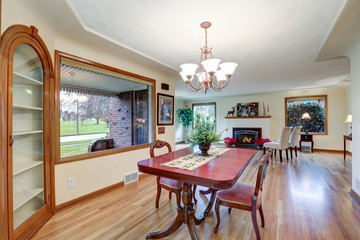 Open floor dining room with vintage table set