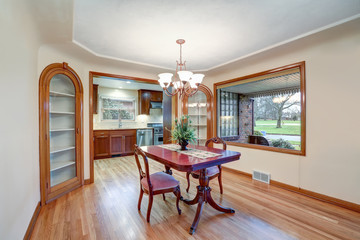 Open floor dining room with vintage table set
