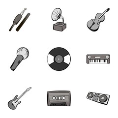 Playing melody icons set, gray monochrome style