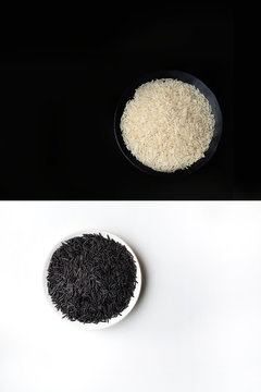 Still life of bowls of black and white rice on opposing black and white backgrounds, overhead view