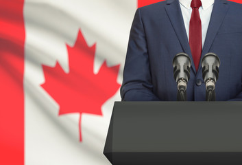 Businessman or politician making speech from behind a pulpit with national flag on background -...