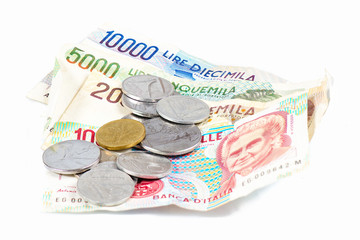 Banknotes from Italy. Italian lira and metal coins