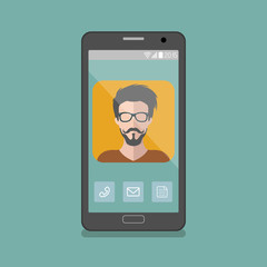 Vector illustration of hipster man app icon on smartphone display in flat style.