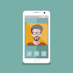 Vector illustration of hipster man app icon on smartphone display in flat style.