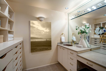 Fototapeta na wymiar Narrow walk-in closet features make up vanity