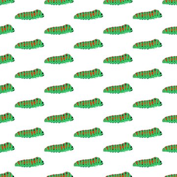 Summer background with green caterpillars with red and black spots in a row next to each other and alternately under each other on a white background. Walking insects with legs and eye