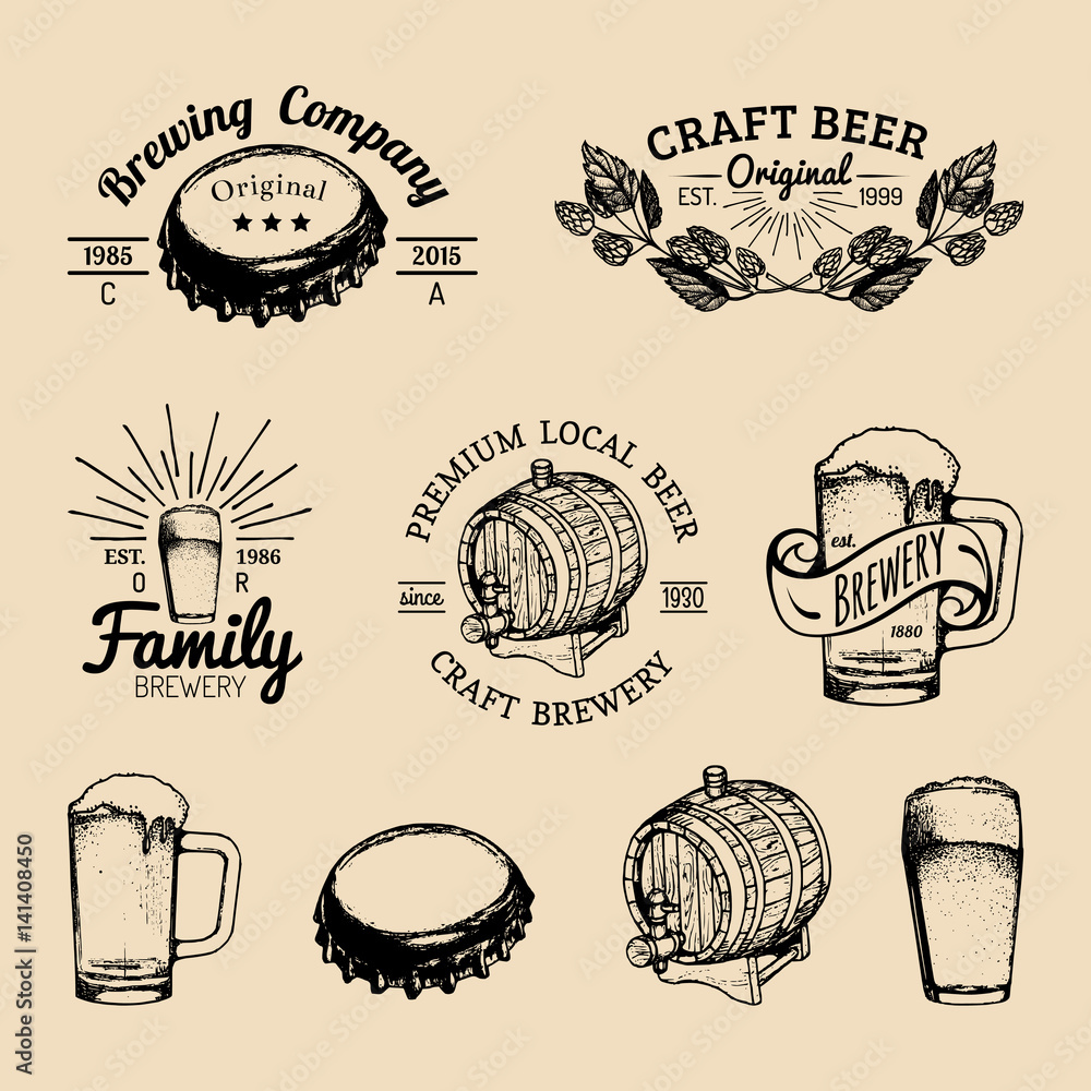 Wall mural old brewery logos set. kraft beer retro signs with hand sketched glass, barrel etc. vector vintage h