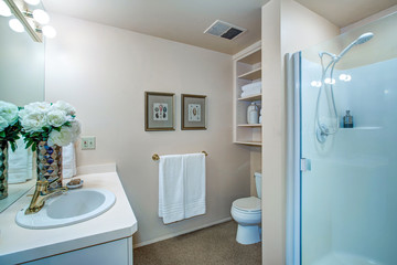 Newly remodeled bathroom with neutral walls