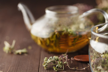 Same dried herbs ready to breawing in kettle for medicine tea