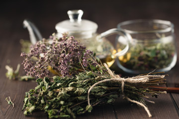 Same dried herbs ready to breawing in kettle for medicine tea