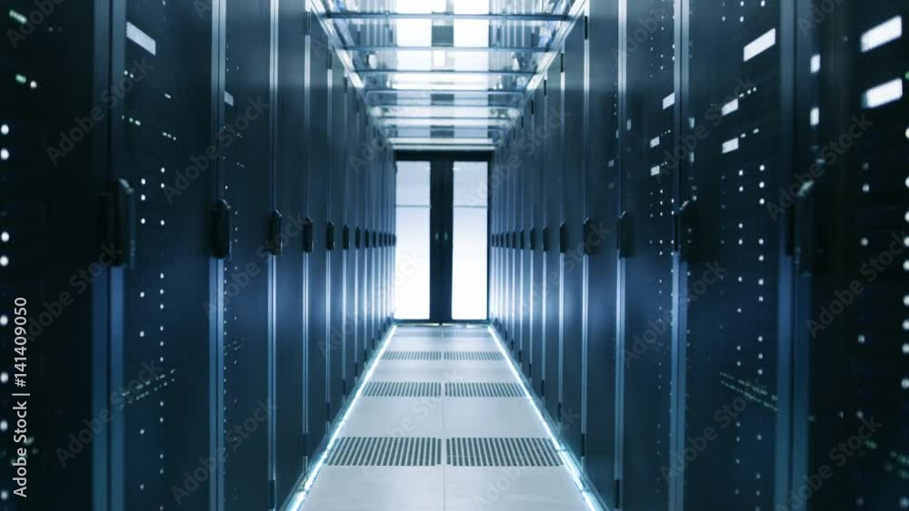 Poster elevating camera shot of corridor in working data center full of rack servers and supercomputers. sh
