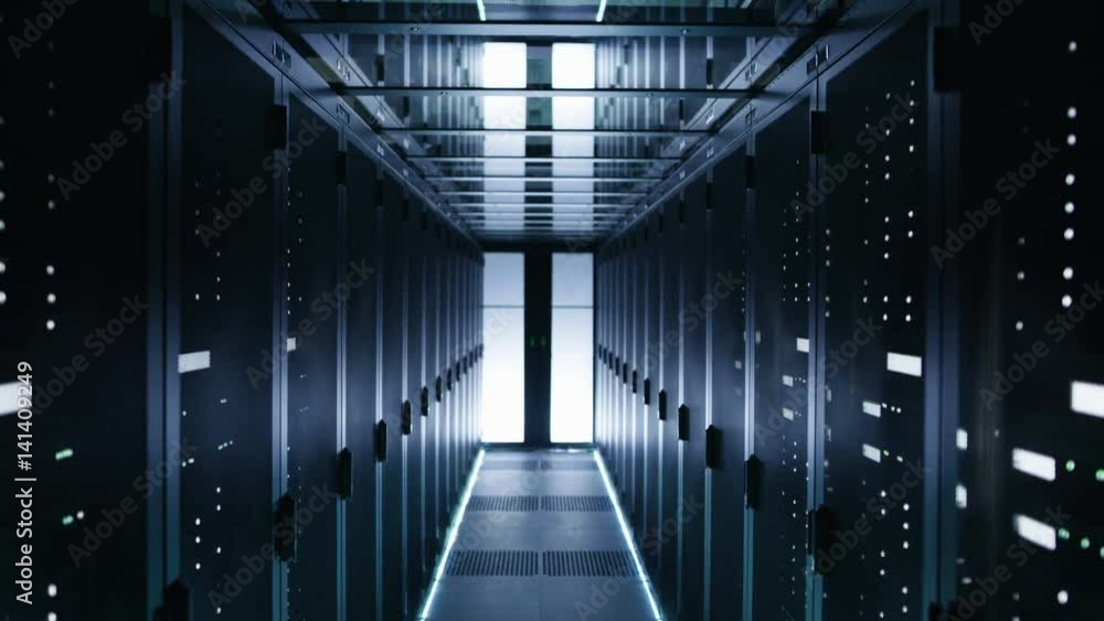 Aufkleber elevating camera shot of corridor in working data center full of rack servers. shot on red epic-w 8k