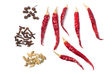 Different spices Pepper Chile, cloves, cardamom on a white background
