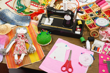 sewing accessories top view, seamstress workplace, many object for needlework, embroidery and handicraft