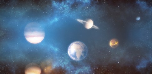 Fototapeta na wymiar Composite image of planets over sun 3d