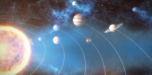 Graphic image of various planets with sun 3d © vectorfusionart