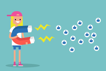 Social media marketing concept. Young blonde girl attracting likes with a huge magnet / editable flat vector illustration