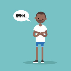 Young skeptical black man crossing arms and tilting head / flat editable vector illustration