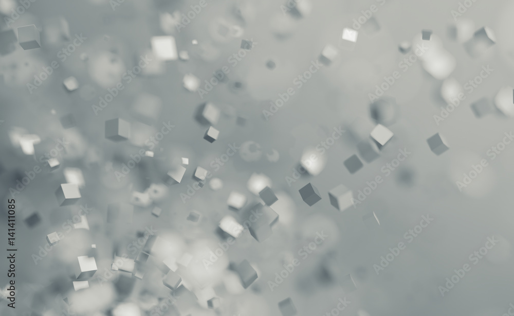 Poster abstract 3d rendering of chaotic cubes. flying shapes in empty space. dynamic background with bokeh,