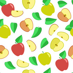 Seamless vector pattern. Colorful fruits and slices of different colored apples with leaves.