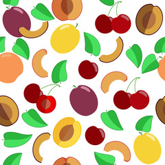 Seamless vector pattern. Colorful fruits and slices of plums, cherries, peaches and leaves.