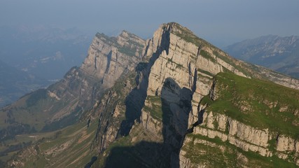 Fototapeta na wymiar Visible rock layers in the Churfirsten mountain range. View from Chaserrugg, Switzerland.