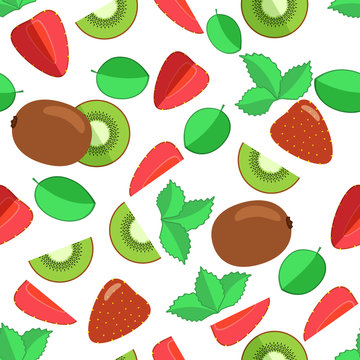 Seamless vector pattern. Colorful fruits and slices of kiwi and strawberries with leaves.