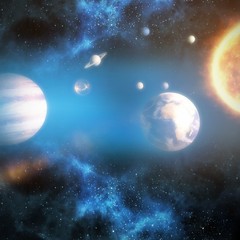 Graphic image of various planets with sun 3d