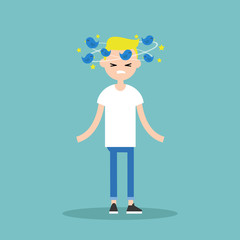 Dizziness conceptual illustration. Young blond character with birds spinning around his head / flat editable vector illustration