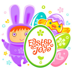 Colorful Easter Greeting Card with child bunny and frame with Easter joy text lettering. Rabbit baby, eggs and chicken. Use it as banner, invitation to egg hunting. Vector isolated on white background