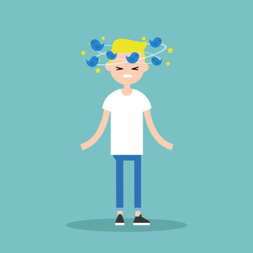 Dizziness conceptual illustration. Young blond character with birds spinning around his head / flat editable vector illustration