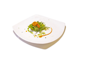 Asparagus and shrimp gourmet dish, isolated in white